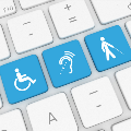 keyboard keys overlayed with pictograms for deaf and hard of hearing, wheelchair access, and blindness