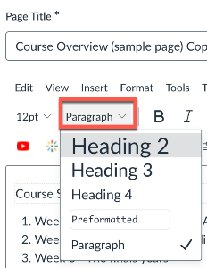 screenshot of Canvas editor showing dropdown for paragraph and heading levels