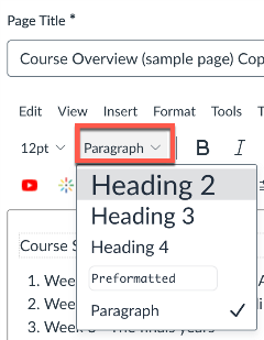 screenshot of Canvas editor showing dropdown for paragraph and heading levels