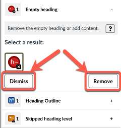 screenshot showing Pope Tech Empty Heading error result with Remove and Dismiss options