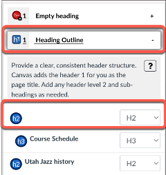 screenshot showing Pope Tech heading outline tool with dropdowns for each heading to change heading levels