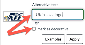 Pope Tech Guide showing informative image alt text field and checkbox for decorative images