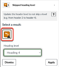 screenshot showing Skipped Heading alert in the Pope Tech Guide results area