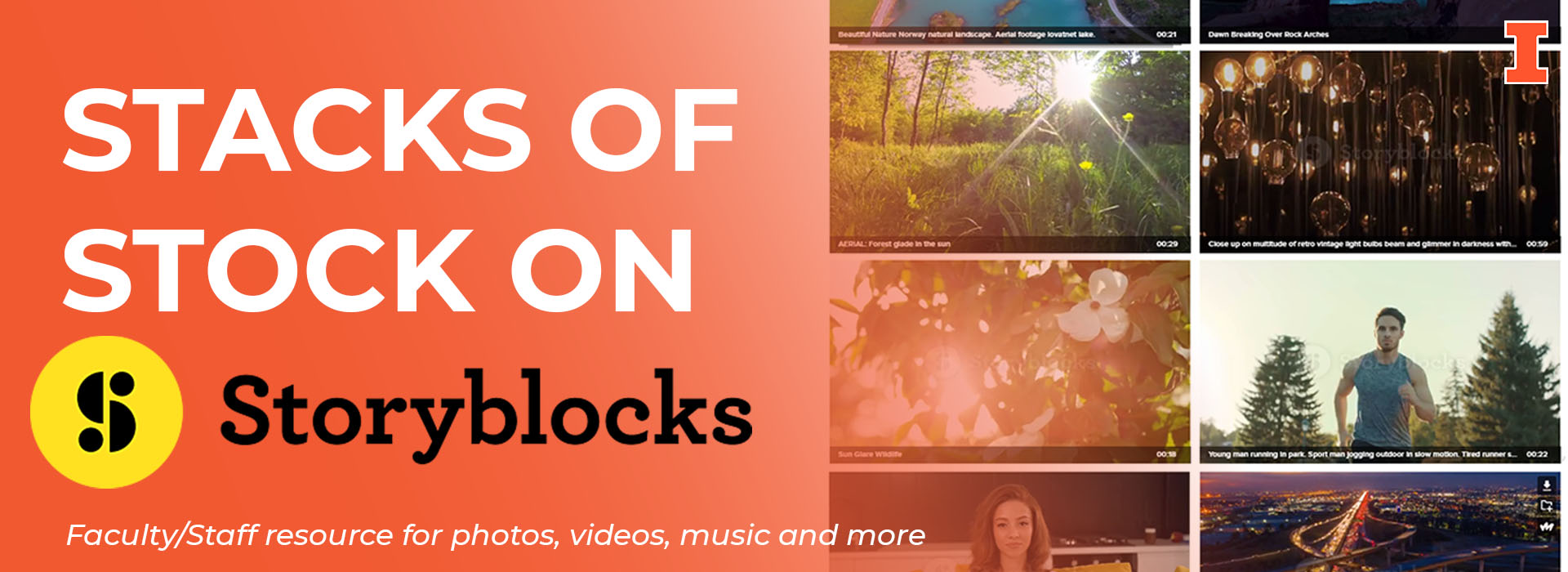 Text: Stacks of stock on Storyblocks. Faculty/Staff resource for photos, videos, music and more