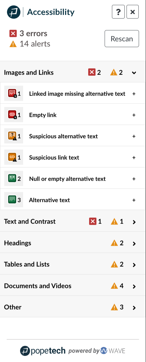 Pope Tech Accessibility Panel showing issue list