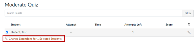 The Moderate Quiz Interface in Canvas with the Change Extensions button highlighted