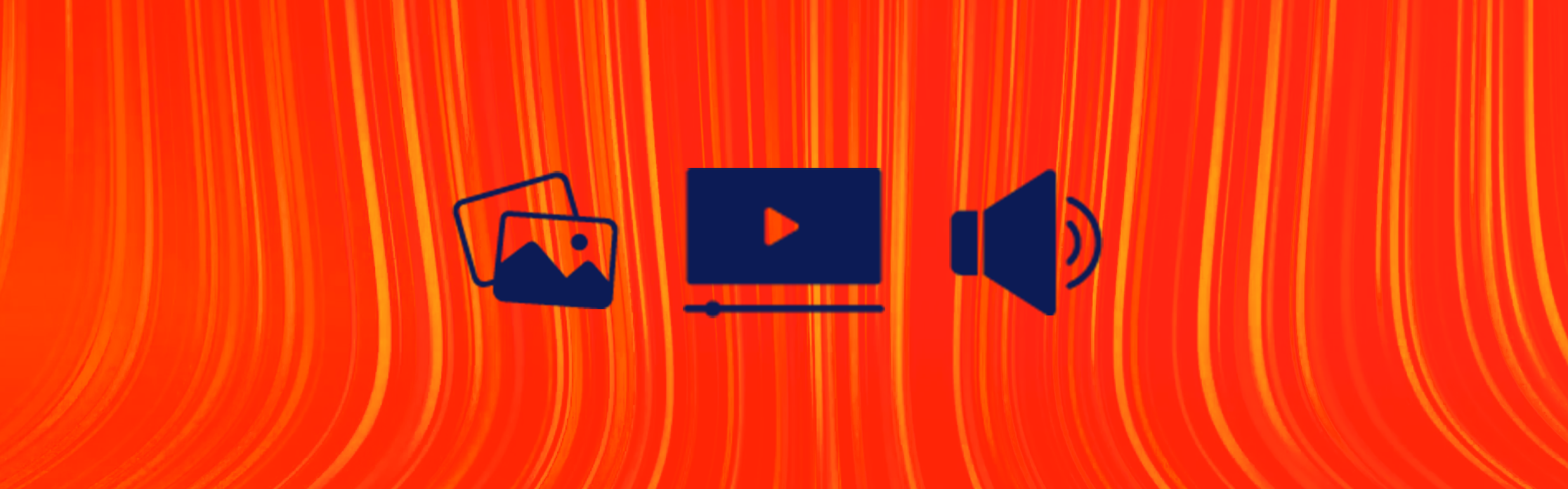 Blue Image, video and audio icons on orange background