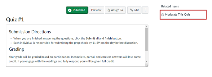 The Canvas Quiz interface with Moderate this Quiz highlighted