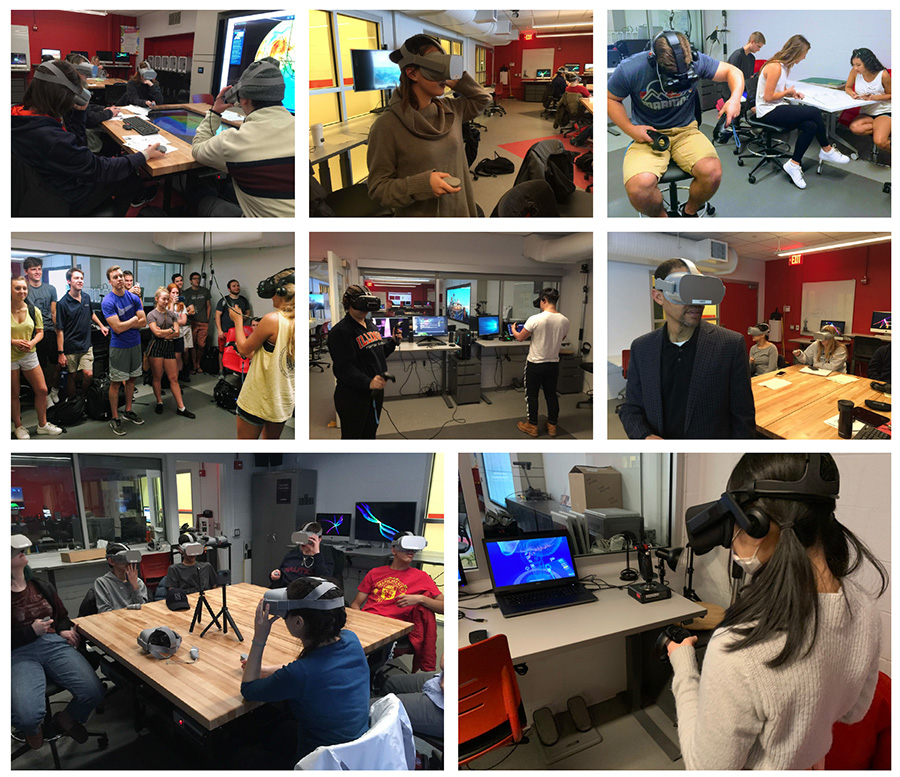Montage of photos showing students using head mounted virtual reality
