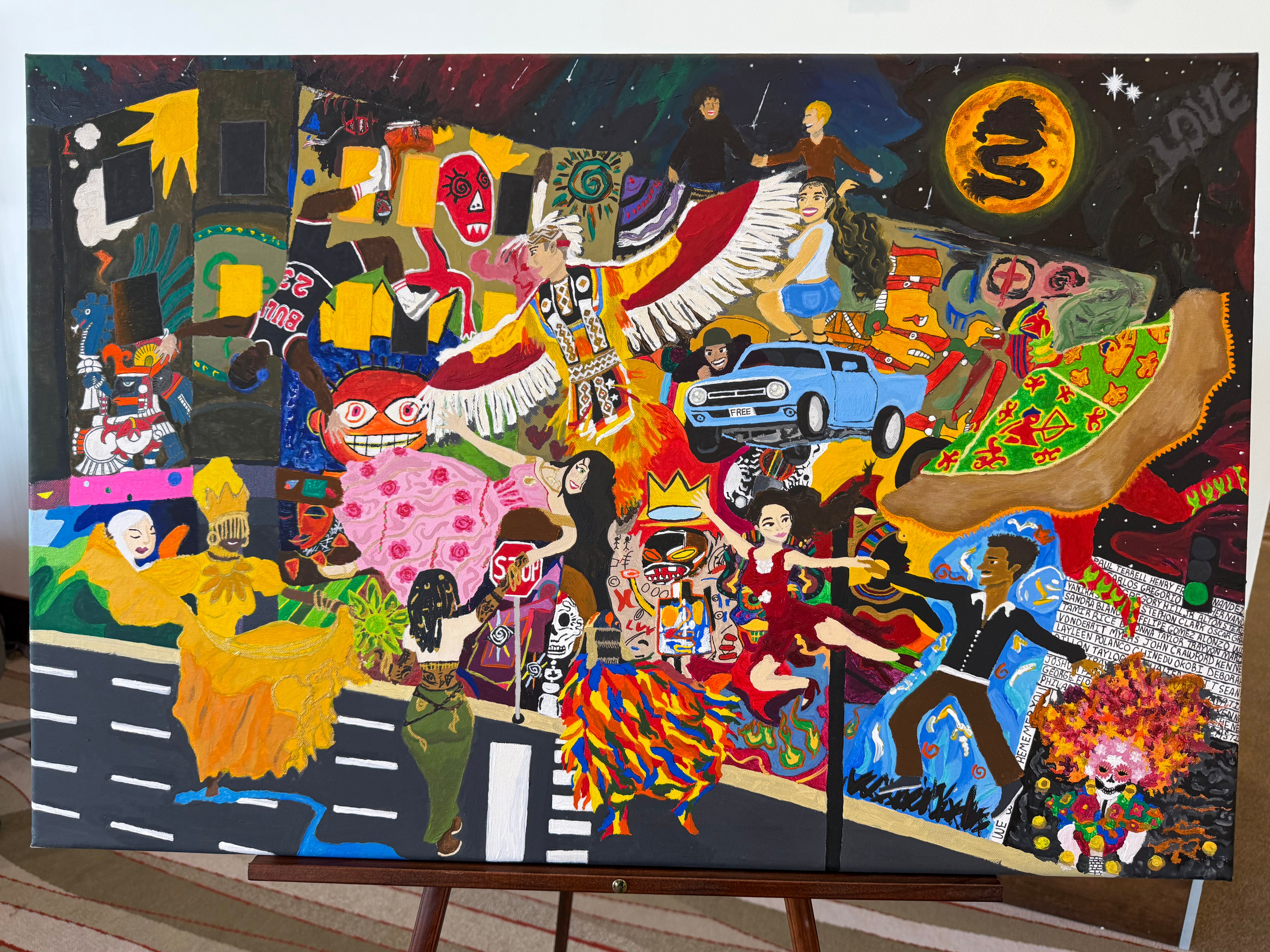 Closeup of artwork featuring bright colorful African and Latiné figures juxtaposed in a collage-like setting.