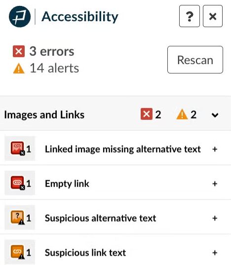 Pope Tech Accessibility Guide Results Panel showing issues list