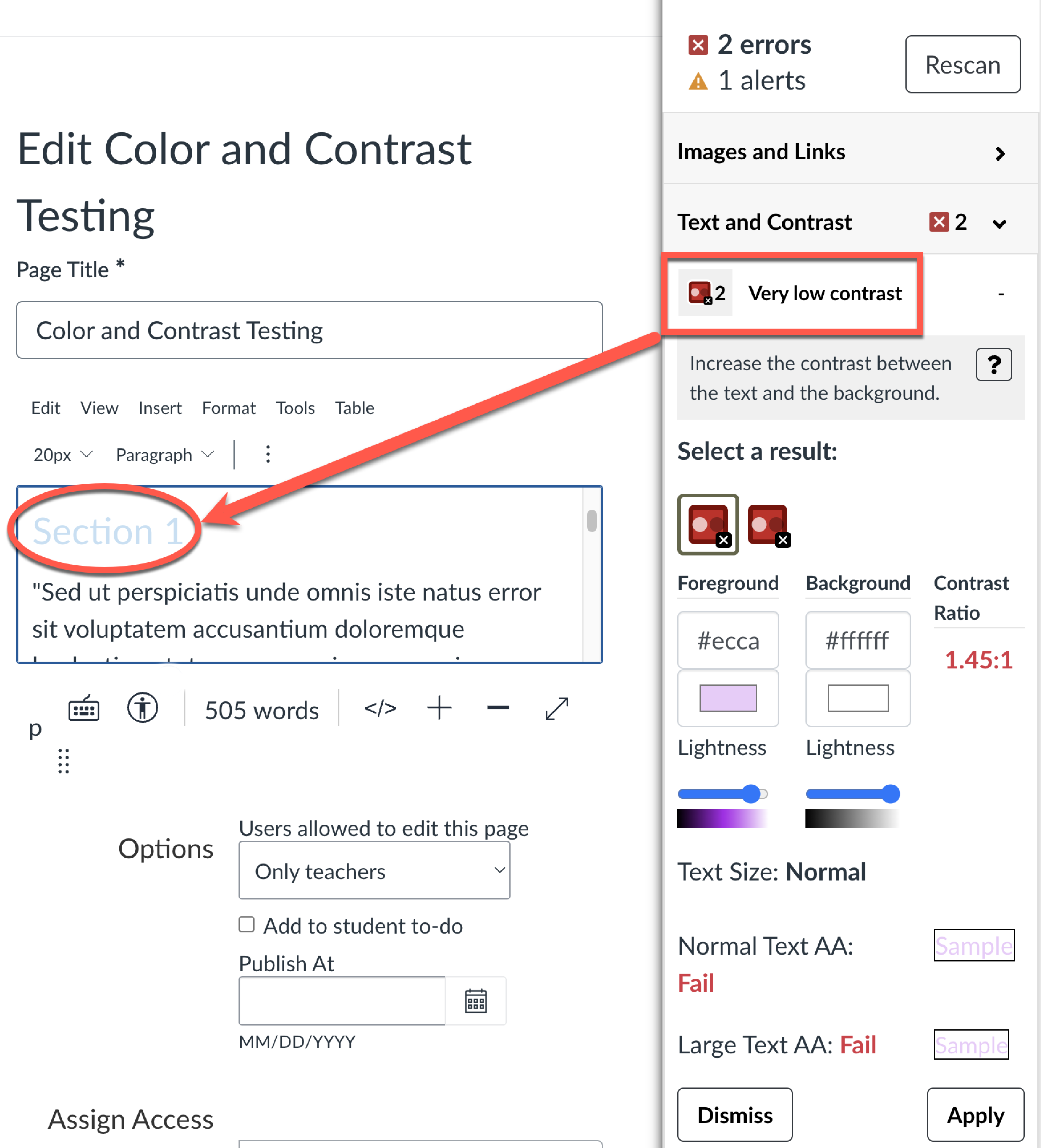 Pope Tech color picker showing color contrast error
