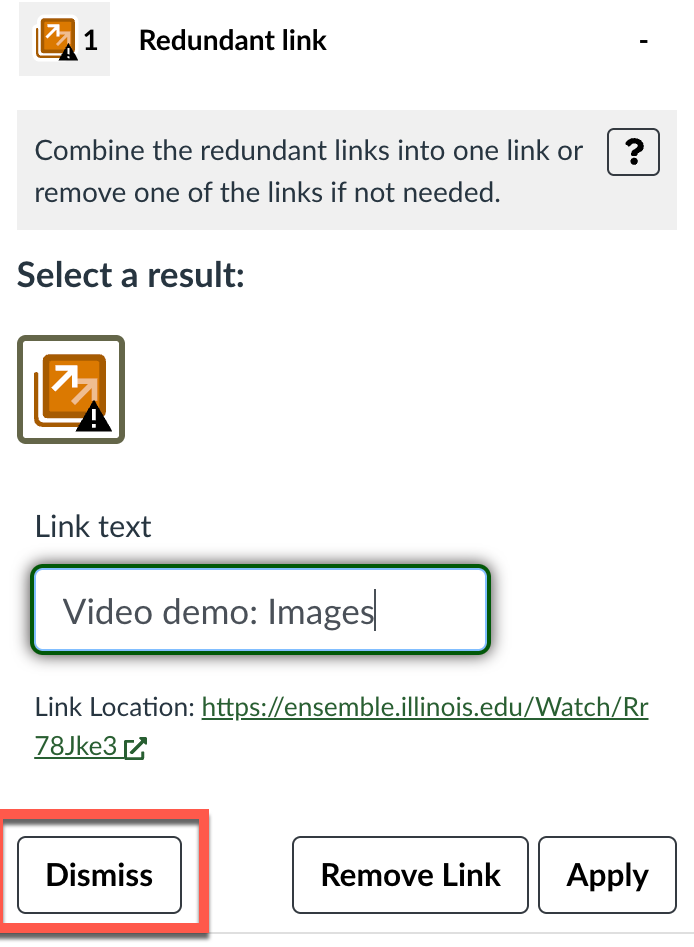 Results panel showing result selected and dismiss button highlighted