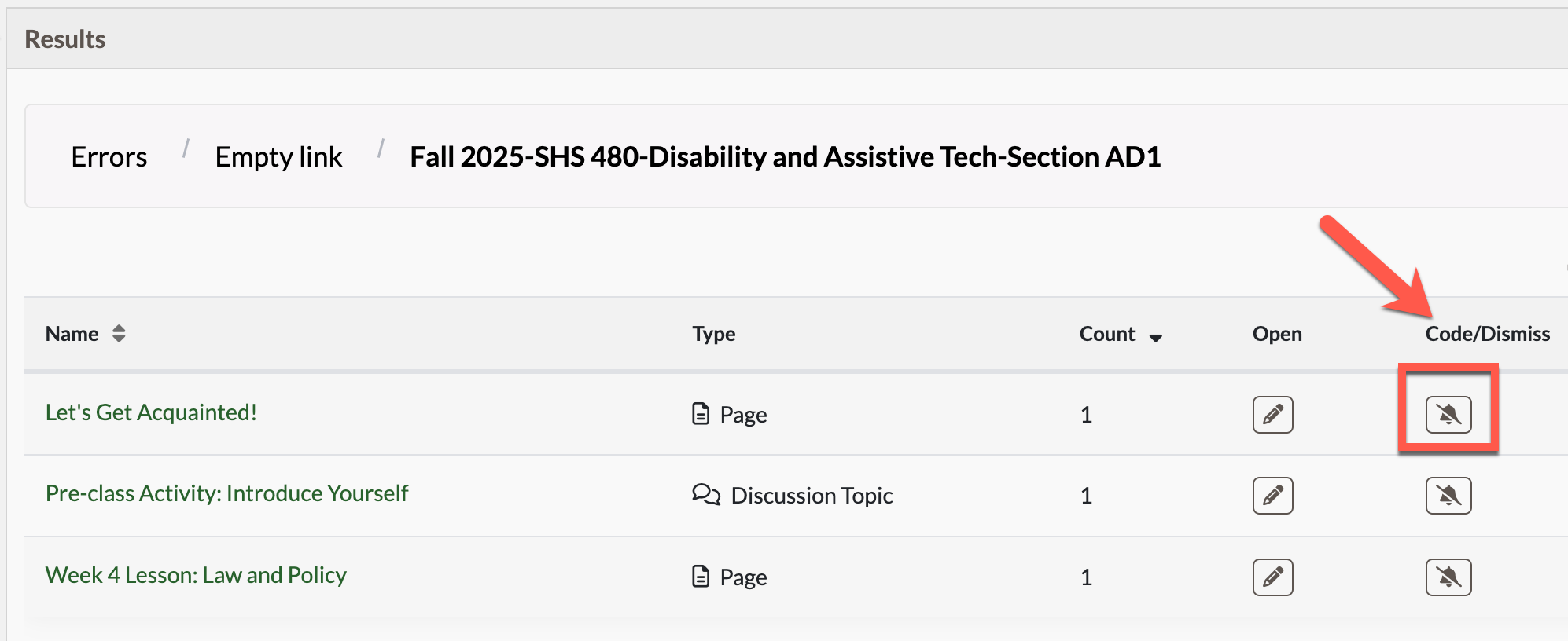 accessibility results list showing code/dismiss button highlighted