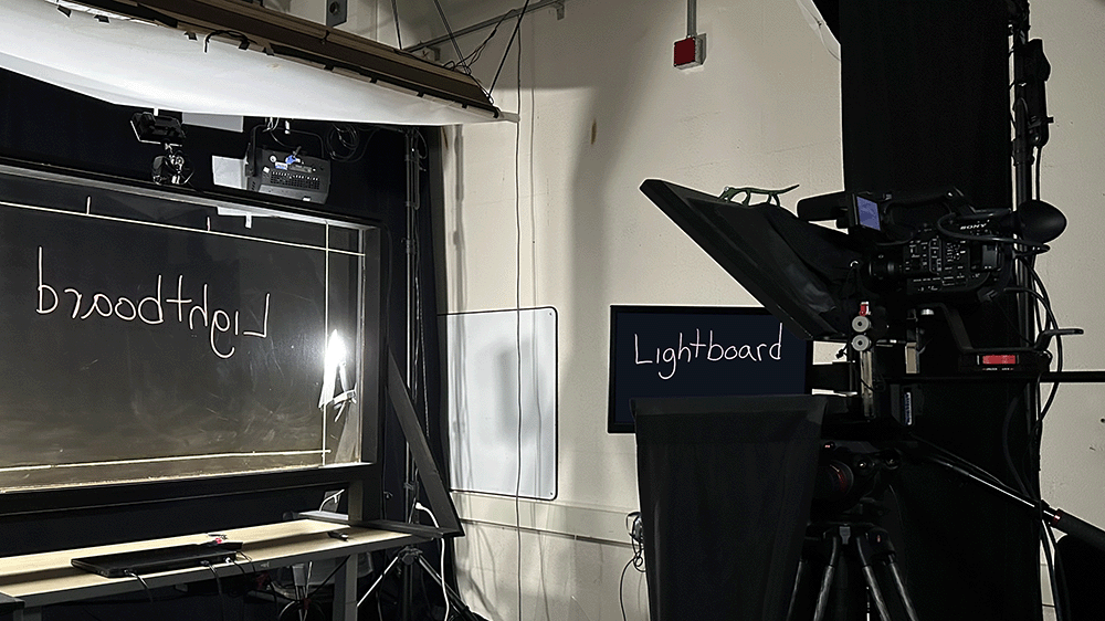 A view of the lightboard with writing