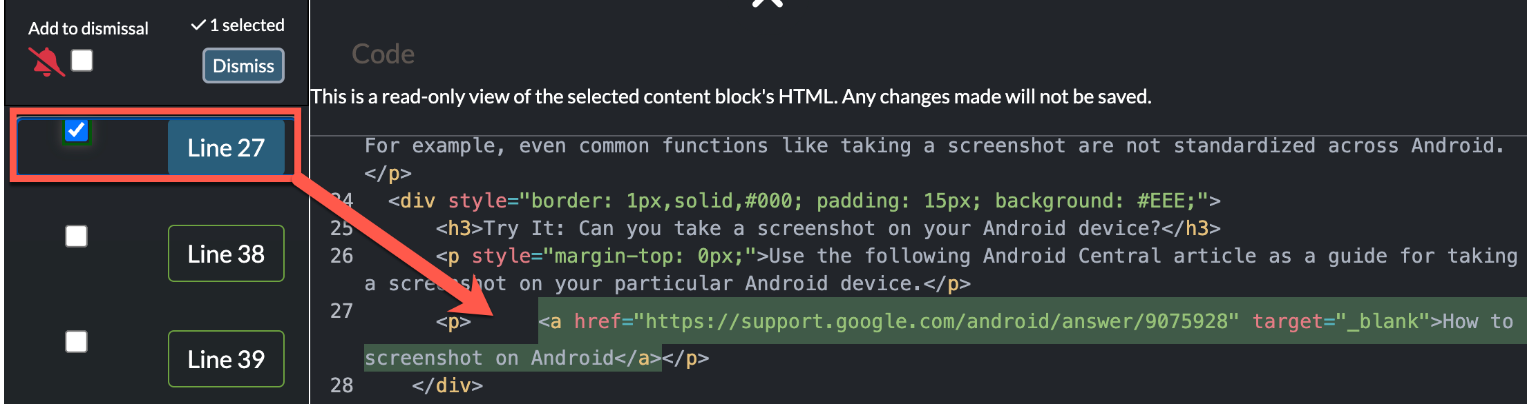 code dismiss list showing checkboxes for each line of code and the corresponding HTML