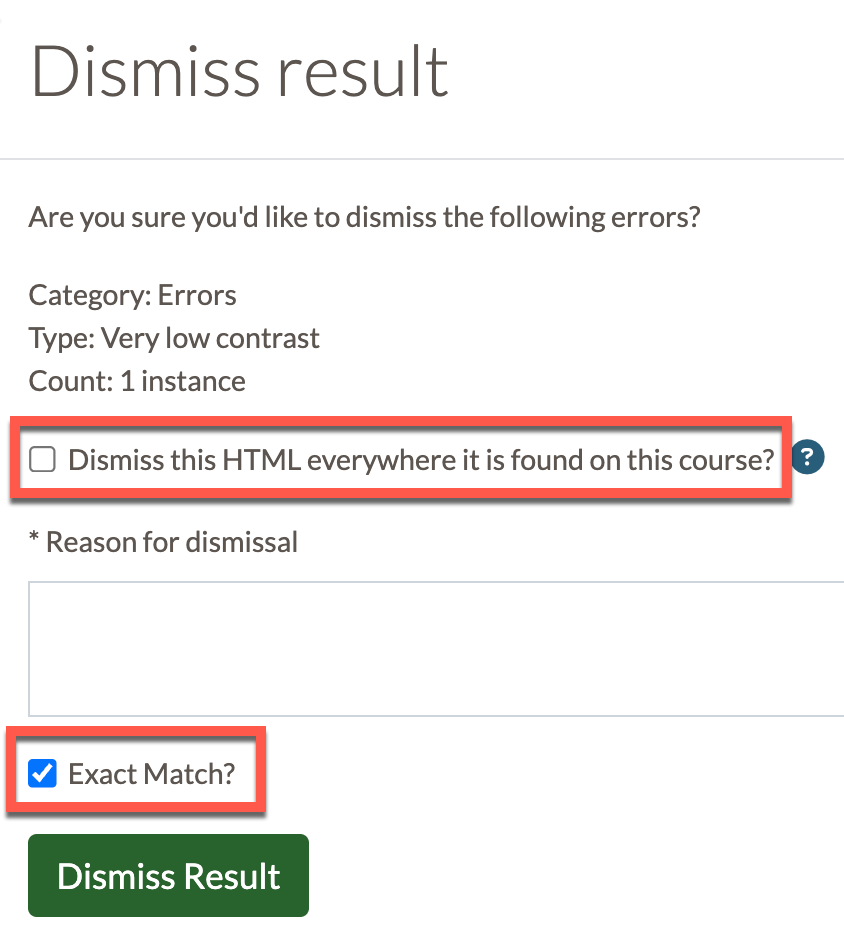 Dismiss Results dialog box showing Dismiss everywhere and Exact match buttons highlighted