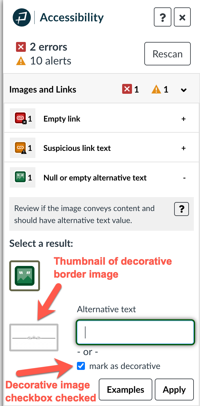 pope tech guide showing informative image alt text field and checkbox for decorative images