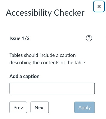 Accessibility  Checker Caption Tool showing field for adding a caption