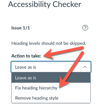 accessibility checker showing options to leave, fix, or remove heading style