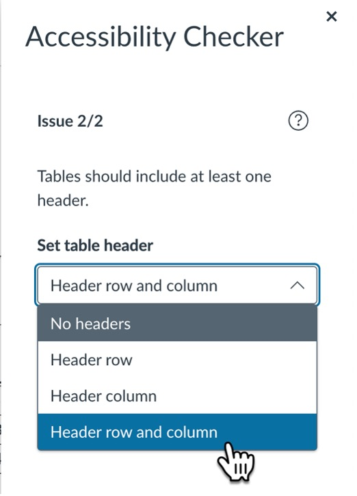 Accessibility Checker table header tool for adding row and column headers