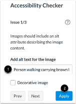 Close-up of Accessibility Checker showing text field for entering alt text marked with the number 1 and the apply button marked with the number 2