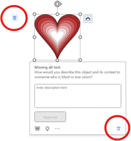 An on-canvas accessibility notification window in Microsoft Office displaying a "Missing alt text" prompt next to a selected heart graphic. Red circles highlight the universal access icon buttons