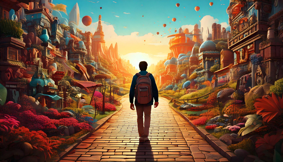 Person with a backpack walking down a sunlit brick path through a vibrant, fantastical cityscape