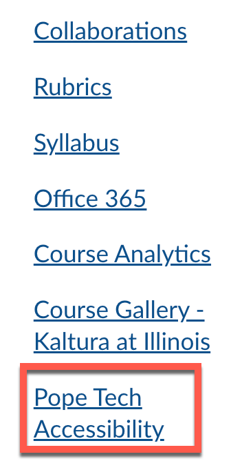 Canvas Course Navigation Menu showing Pope Tech Accessibility link highlighted