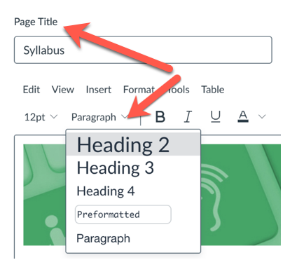 screenshot of Canvas editor showing dropdown for paragraph and heading levels