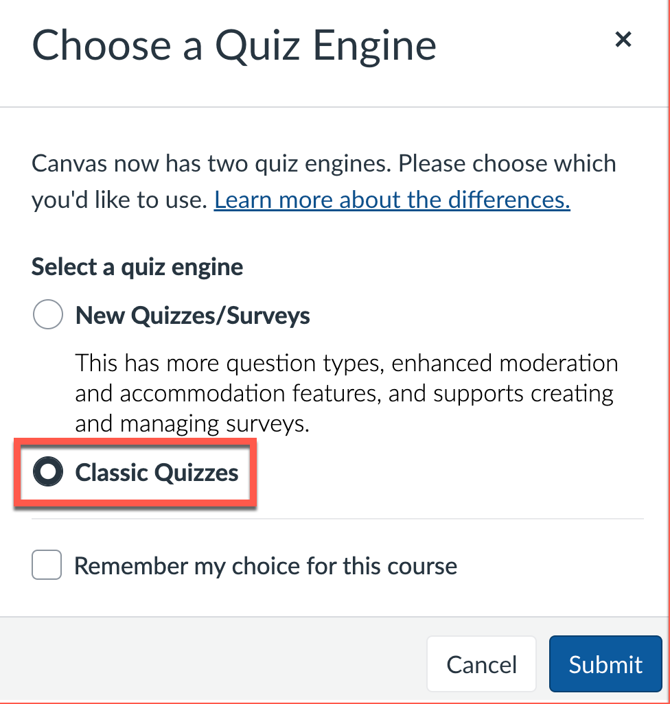 Canvas pop-up window showing the choice between Classic Quizzes and New Quizzes, with Classic Quizzes selected.