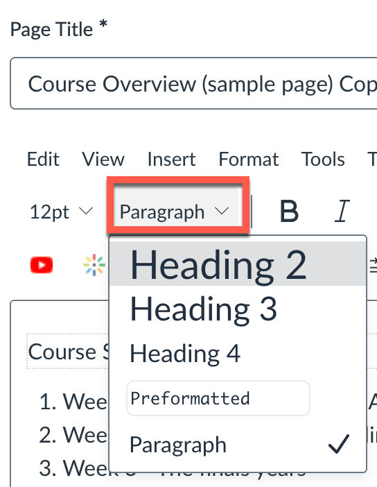 screenshot of Canvas editor dropdown for paragraph and heading levels