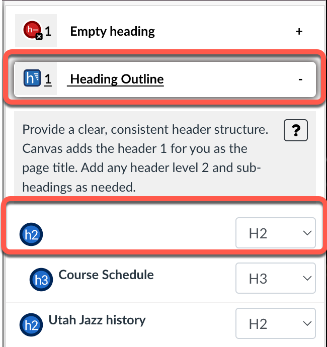 screenshot showing Pope Tech heading outline tool with dropdowns for each heading to change heading levels