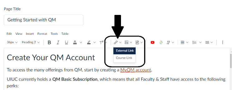 Canvas editor showing link options for external or course link