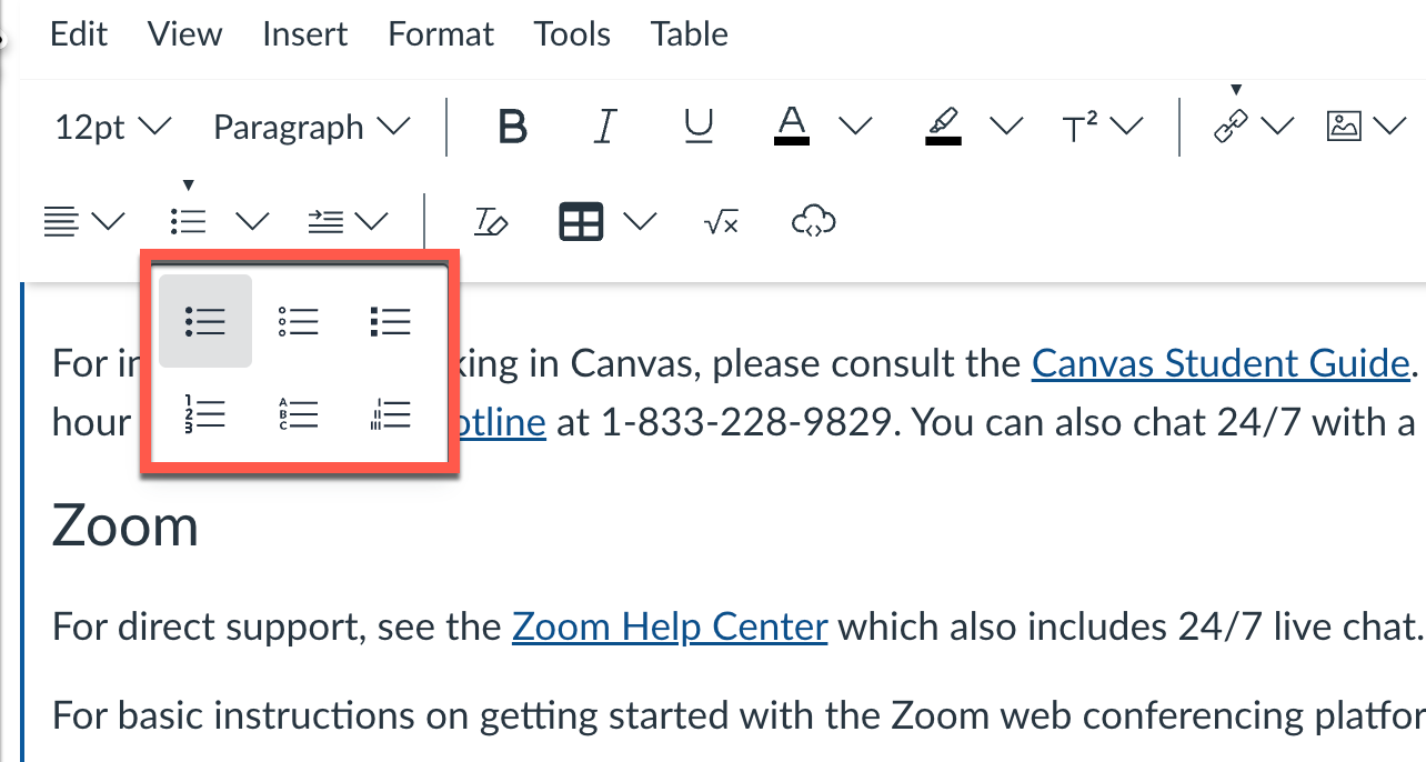 Canvas Editor List Tool showing multiple list options in dropdown