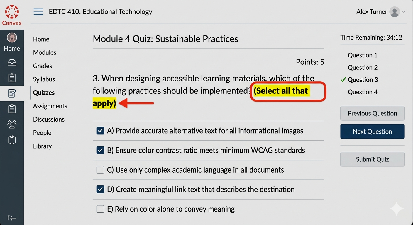 screenshot of quiz question instructions with Select All That Apply highlighted.