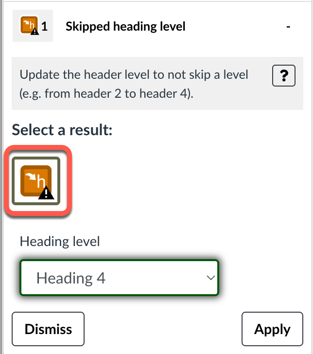 screenshot showing Skipped Heading alert in the Pope Tech Guide results area