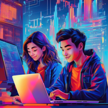 Two people working on laptops in a futuristic setting with digital graphs and code on screens.