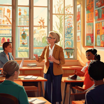 Person standing and speaking to a group in a classroom with posters and large windows.