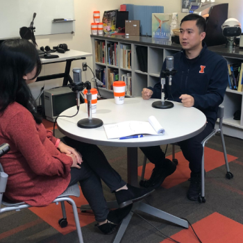 jiheng jin recording podcast in studio