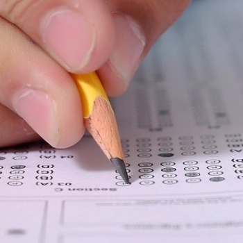 Close-up of pencil filling out scantron
