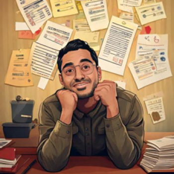 Person sitting at a desk with stacks of papers, surrounded by documents pinned on a wall.